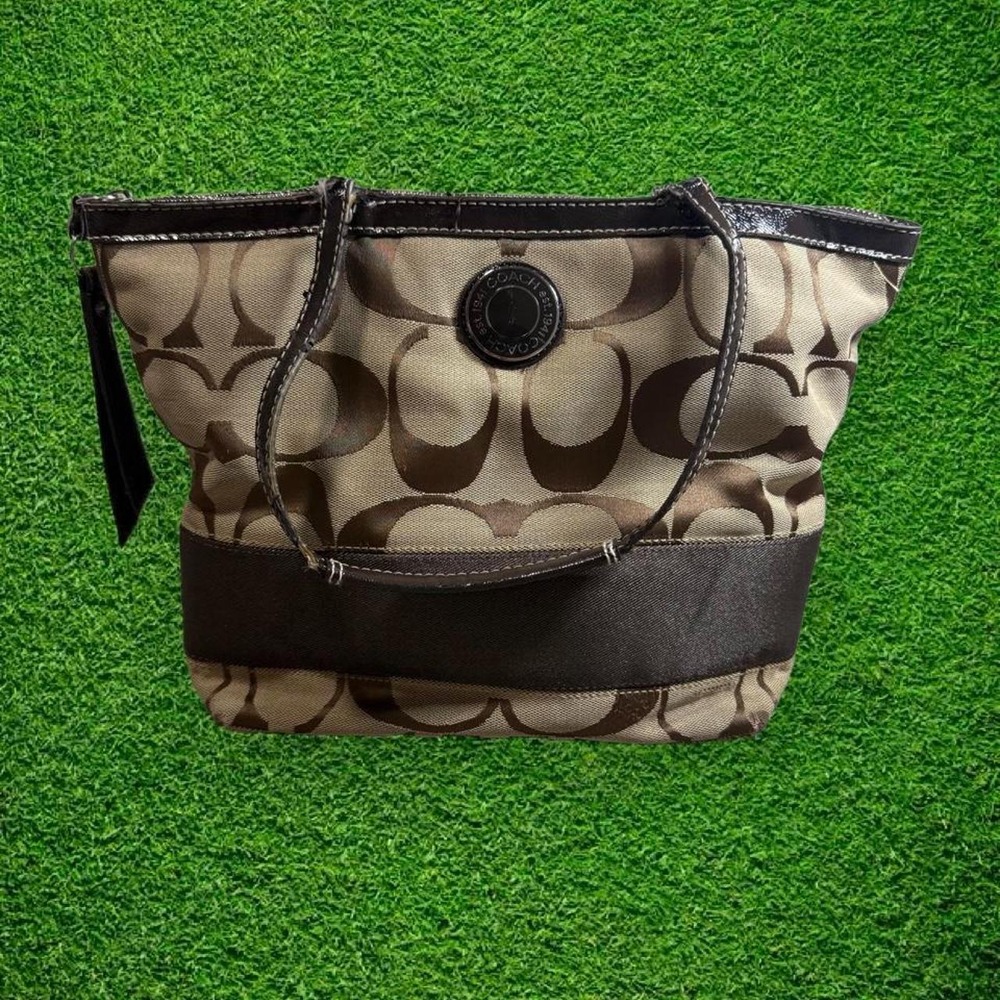 Coach Signature C Jacquard Canvas Patent Leather Tote Bag Brown Khaki F19046